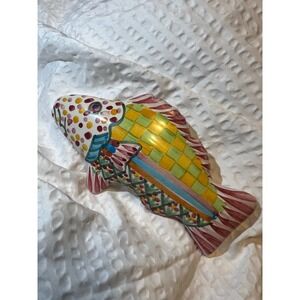 MacKenzie-Childs Ceramic Fish Knob 5in Colorful Checker Pink Pull Handle